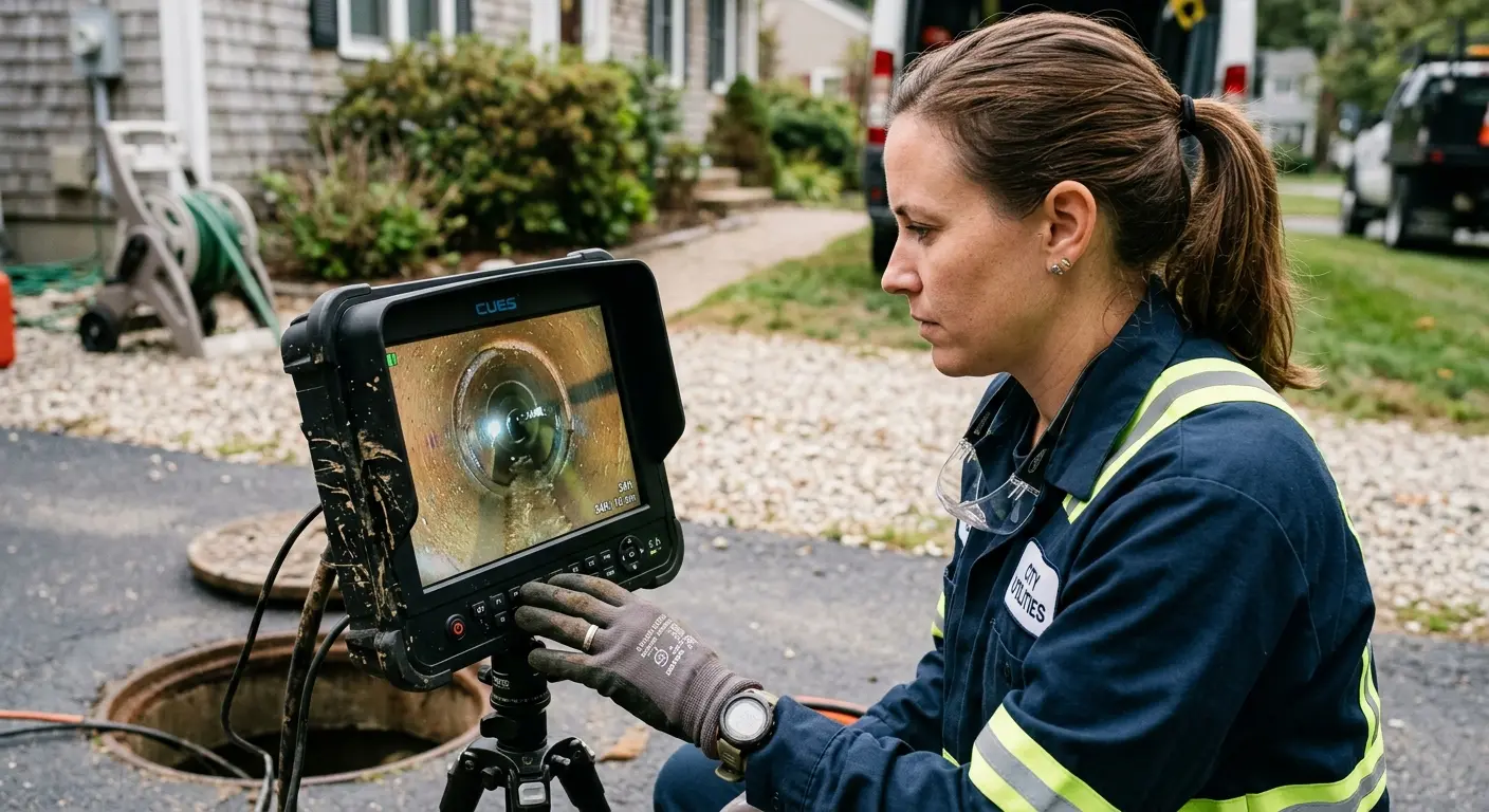 Technician reviewing sewer camera inspection footage in New Brighton