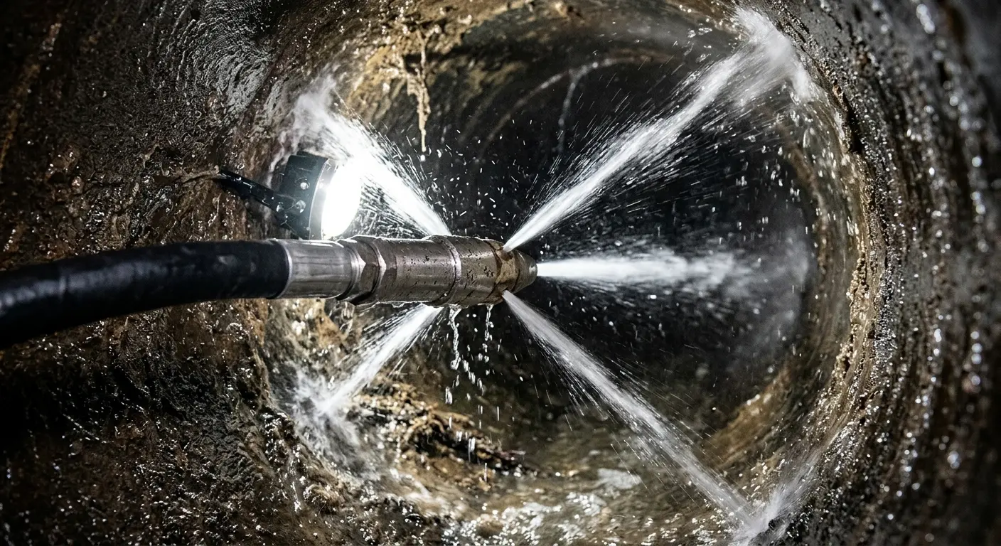High-pressure hydro jetting nozzle cleaning sewer pipe for Sewer Cleanout in New Brighton