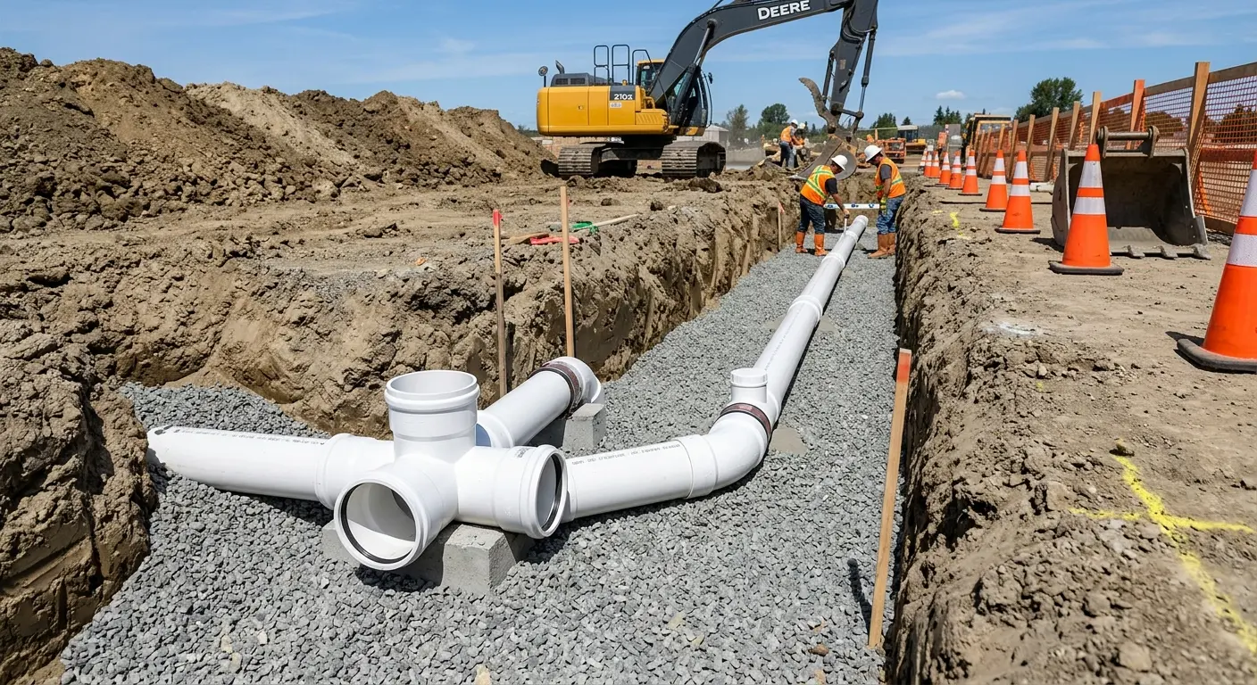 New PVC sewer pipe installation in open trench for Sewer Backup in New Brighton
