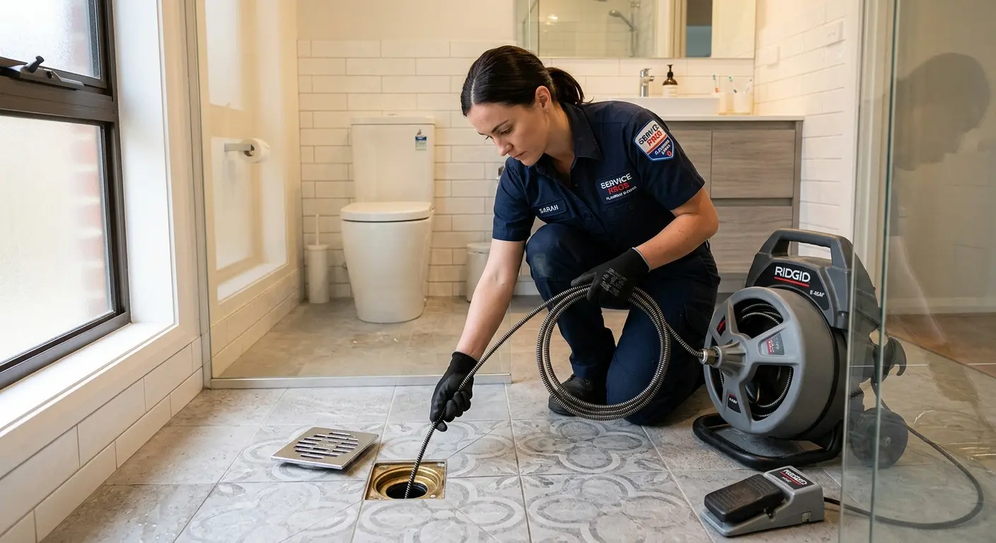 Technician clearing a bathroom floor drain for Drain Cleaning in New Brighton
